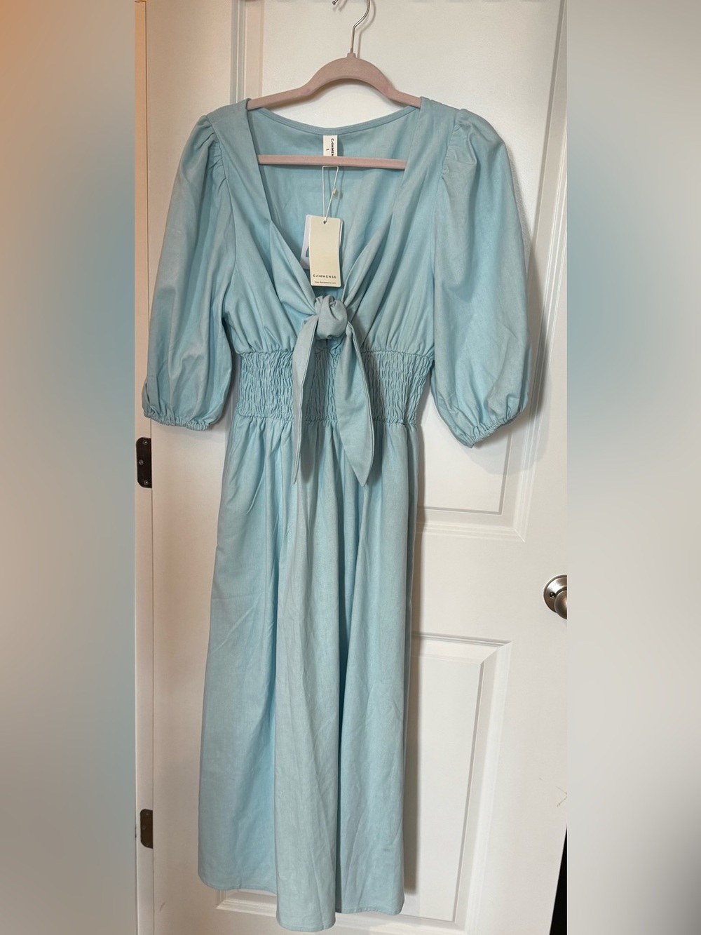 Commense Light Blue Maxi Dress with Puff Sleeves and Front Tie